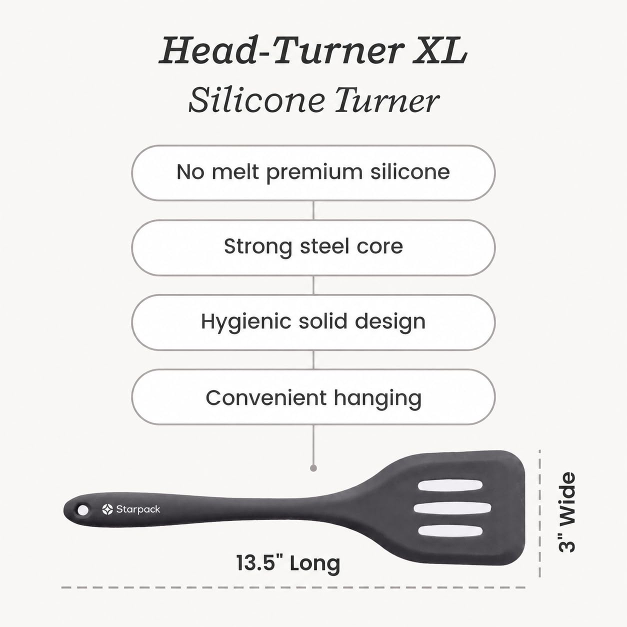 StarPack Premium XL Pfannenwender aus Silikon (34.3 cm), hoch hitzebeständig bis 315 °C, hygienisches einteiliges Design, antihaftbeschichtet, Küchenhelfer für Fisch, Pfannkuchen, Wok (grau-schwarz)