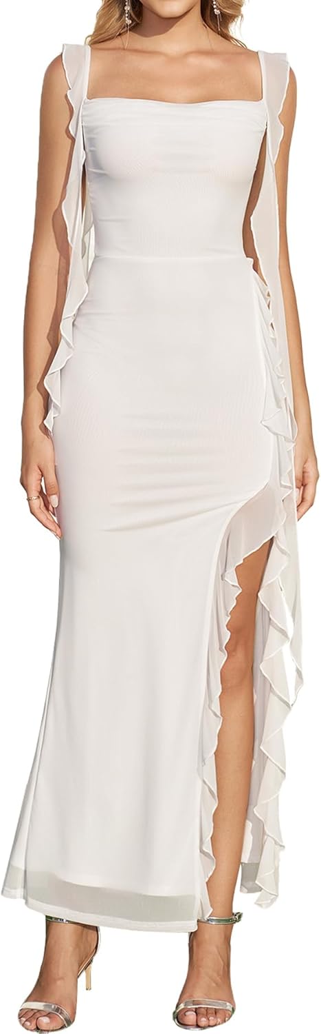 KUTUMAI Ruffle Long Formal Wedding Guest Dress Summer Bodycon Slit Cocktail Party Maxi Dresses for Women Elegant