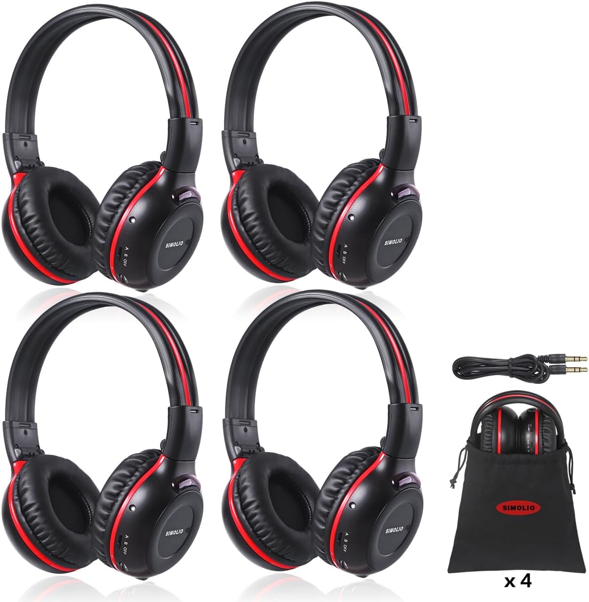 SIMOLIO Two Channel Infrared Headphones for Honda Odyssey, Pilot, uConnect VES, Chrysler Pacifica, Town and Country, GMC Yukon, Nissan Armada, IR Wireless Headphones for Car DVD Player Kids, 4 Pack