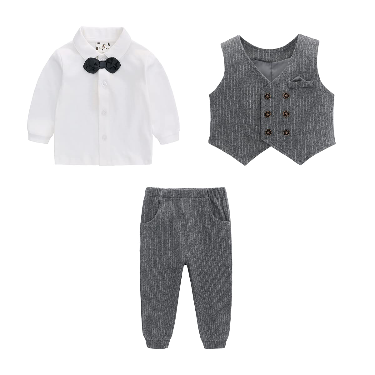 famuka Little Boy Suit Toddler Outfit Baby Gentleman Tuxedo Three-Piece Formal Shirt Set 1-5 Years (Stripes, 12-18 Months)