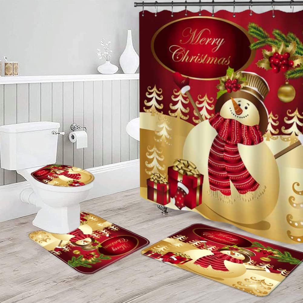 Novobey 4 Pcs Merry Christmas Shower Curtain Sets with Non
