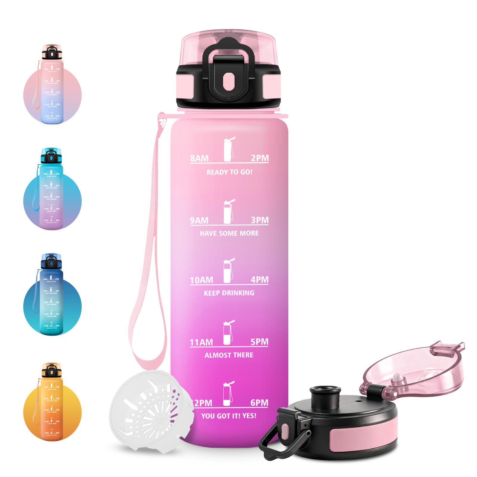 JAPORIA 1L BPA Free Water Bottle with Filter and Time Markers, Motivational Reusable Bottle, Leakproof, Ideal for Office, Adults and Children