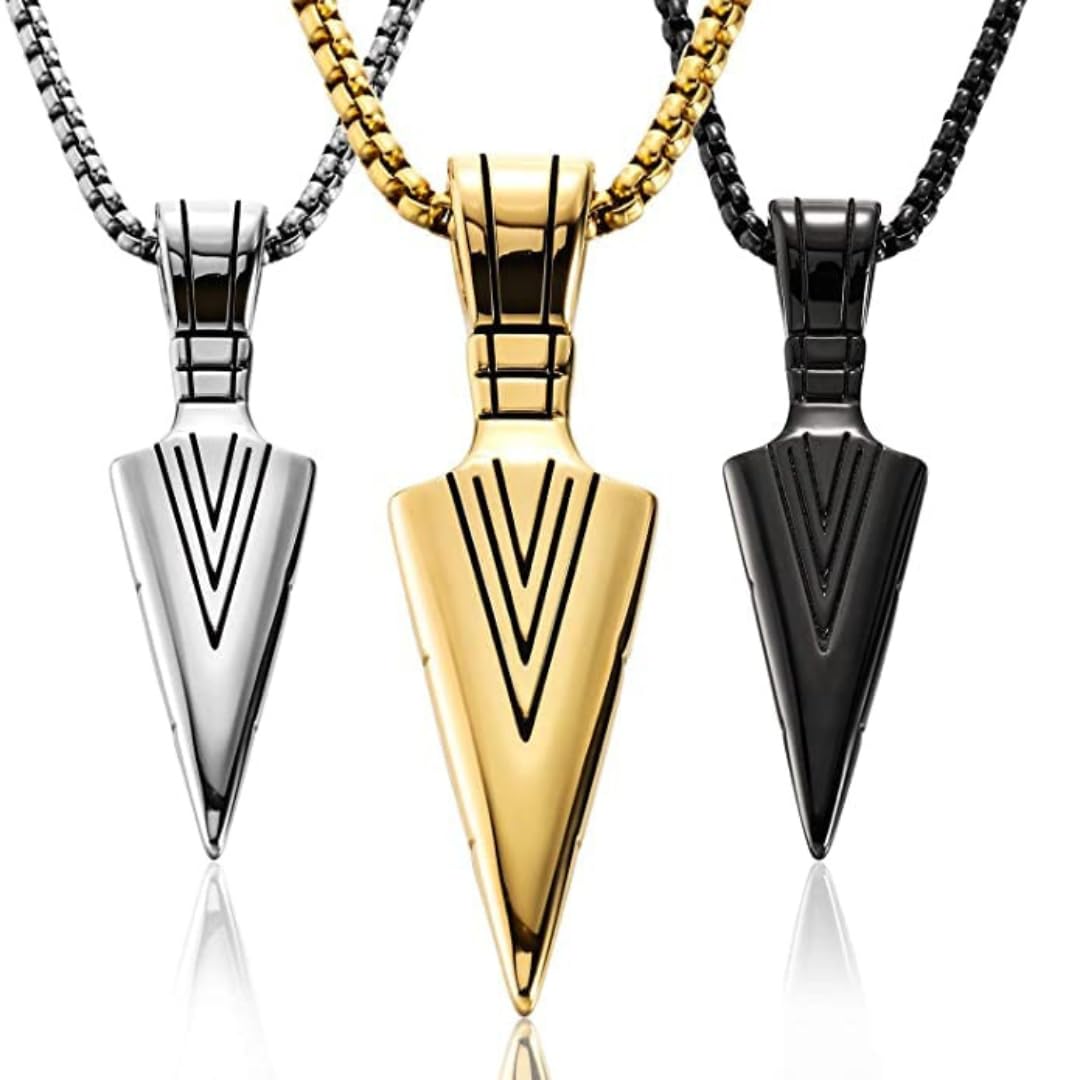 (Pack Of 3 Pendant for Men combo Black Silver gold Boys Mens boyfriend gents Boy girls Women Unisex Stainless Steel arrow 3 Necklace Long Locket Valentine gifts Stylish Simple Chain Pendant-image-10