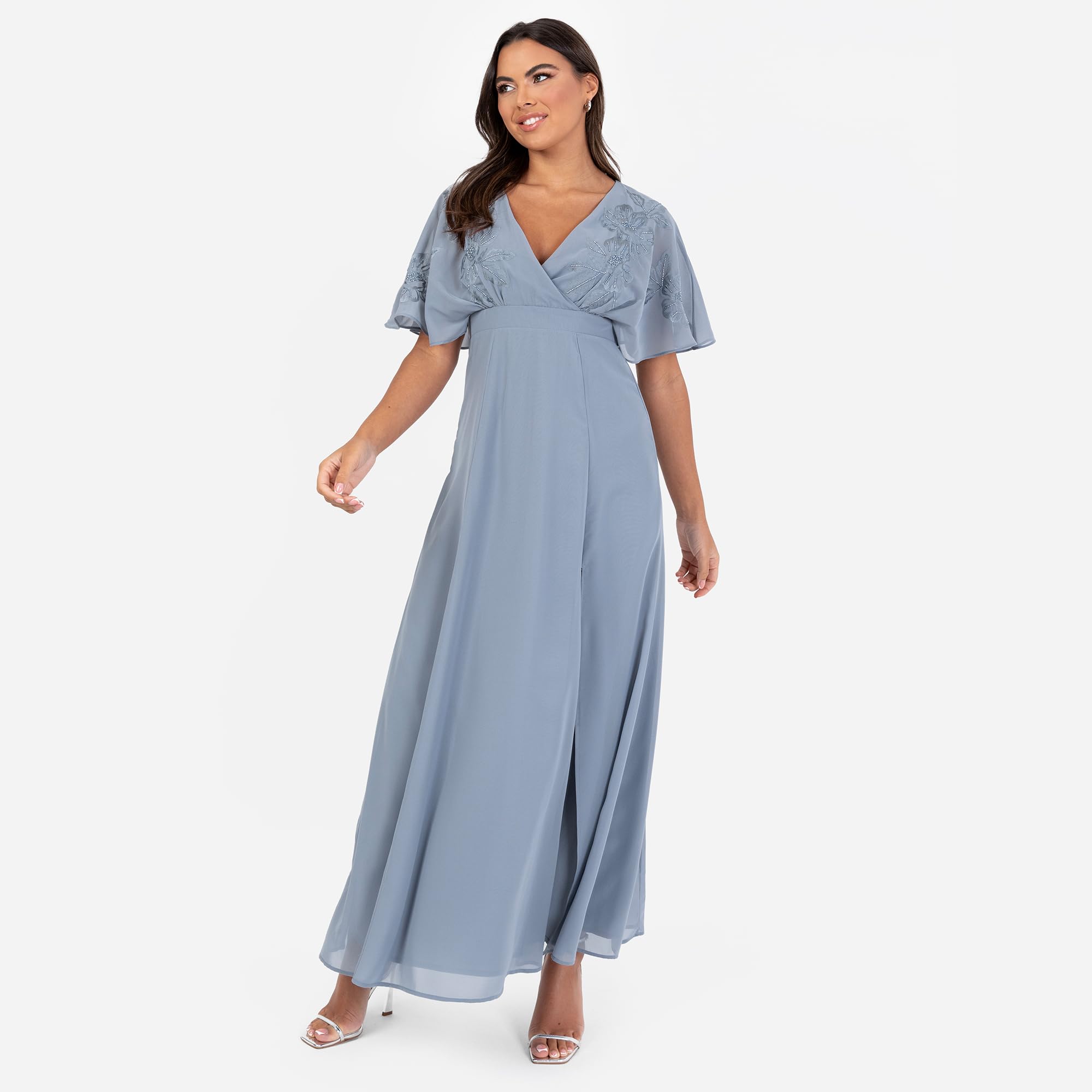 Women's Maxi Dress Ladies V-Neck Wide Sleeve Floral Embroidered Wrap Bodice Tie Belt Split Wedding Guest Prom Ball Gown