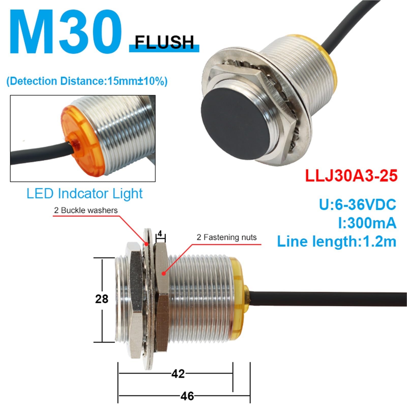 1 szt. M8 M12 M18 czujnik zbliżeniowy dalekiego zasięgu zasięg wykrywania 2/4 4/8 10/15 15/25 mm PNP NPN NO NC LLJ12A3 AC DC 6-36V (LLJ8A3-2, NPN NO)