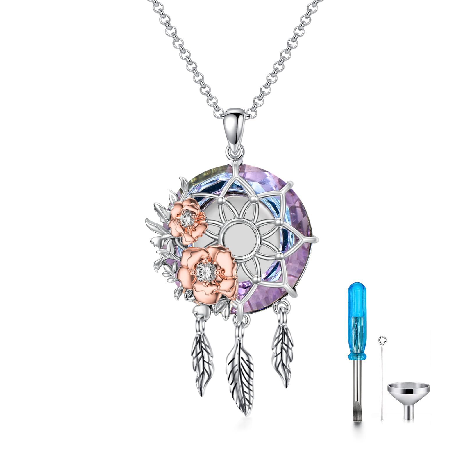 MBSUUH Dream Catcher Crystal Pendant Flower Urn Necklace Jewelry 925 Sterling Silver Keepsake Cremation Necklaces for Human Pet Ashes for Women(Purple)