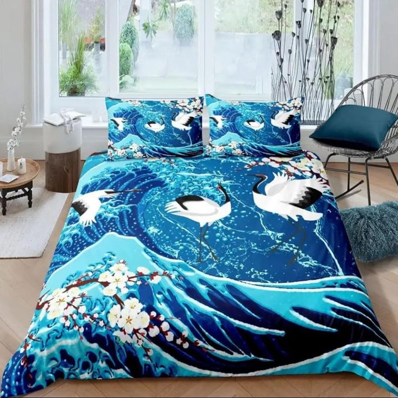 Parure de lit 240 x 260 bleu japonais en microfibre douce et élégante