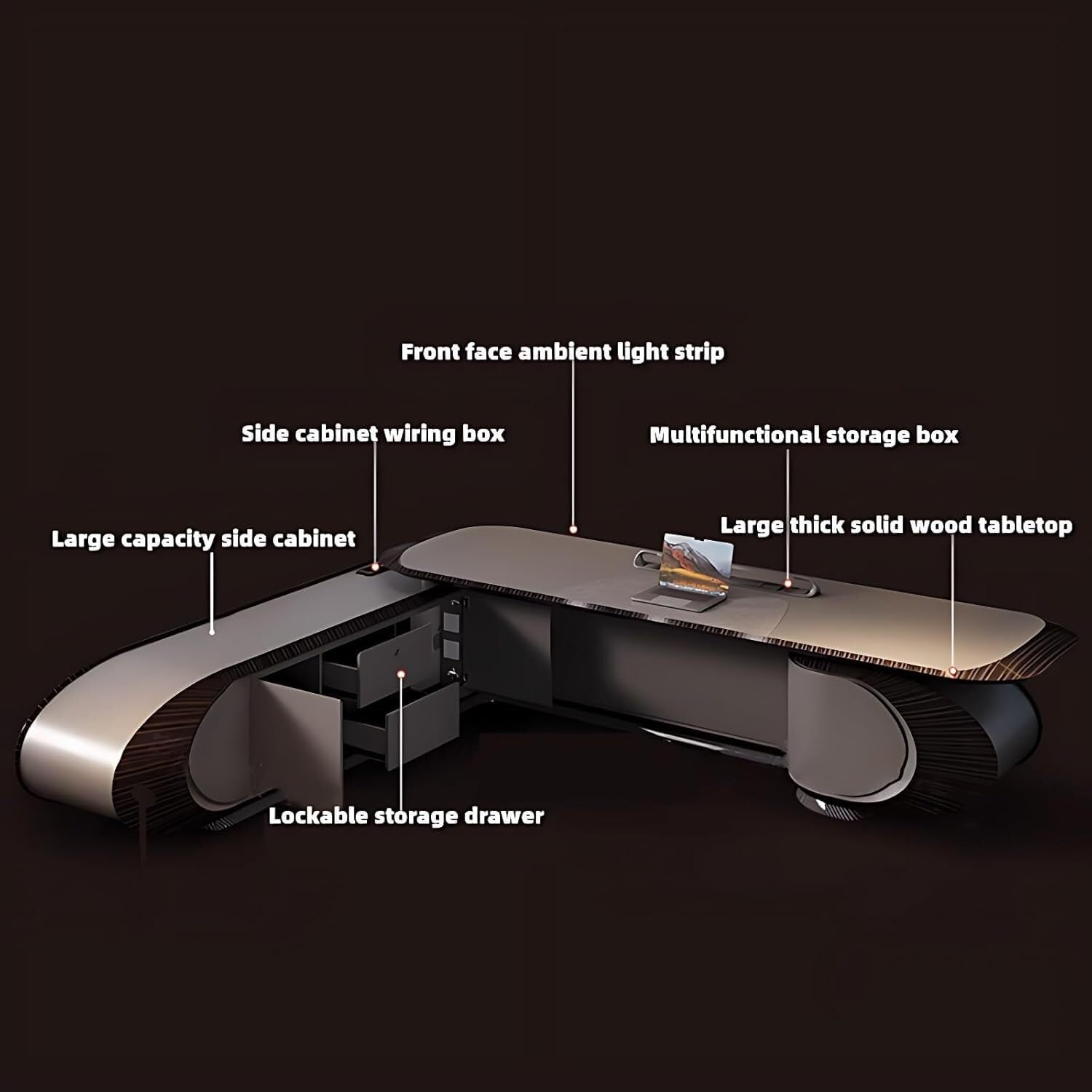 Executive L-Shaped Office Desk with LED Lights - Large Premium Wood Desk with Lockable Drawers & CPU Cabinet(Brown,133.9")
