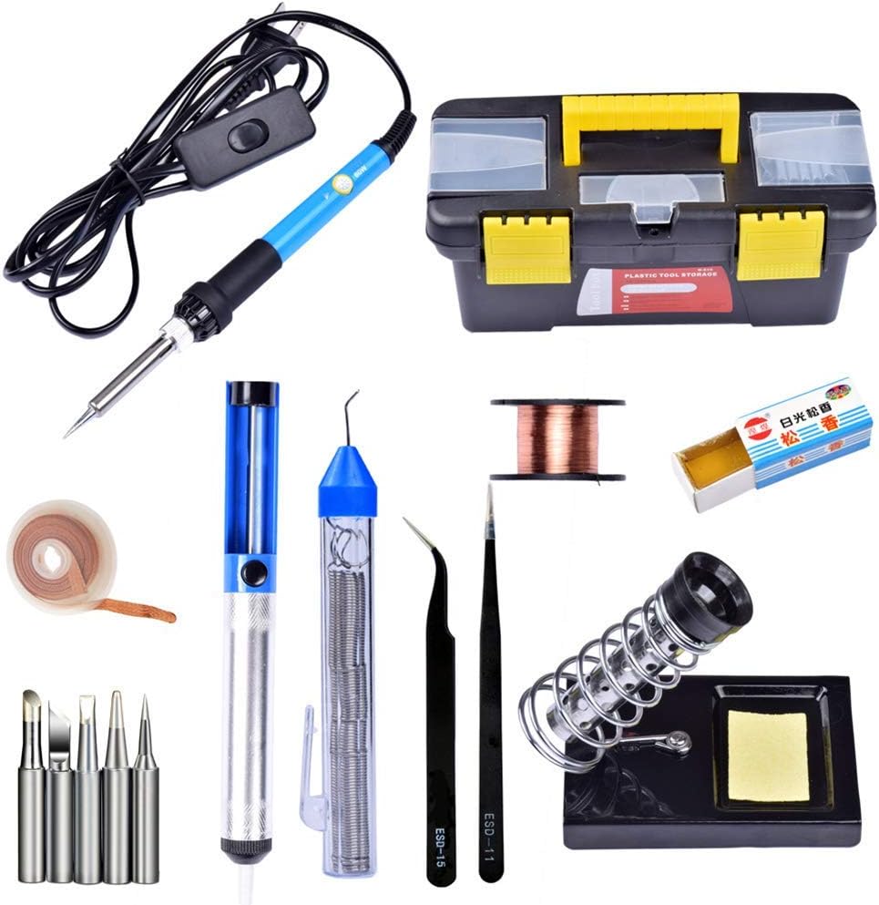 WYNHARD 3D Cloud 15 in 1 Soldering Iron Kit Box Type 60w Adjustable Temperature with 5 Bits Solder Wire Desolder Sucker Rosin Solder Wick Stand and Other Tools in Portable Plastic Toolbox