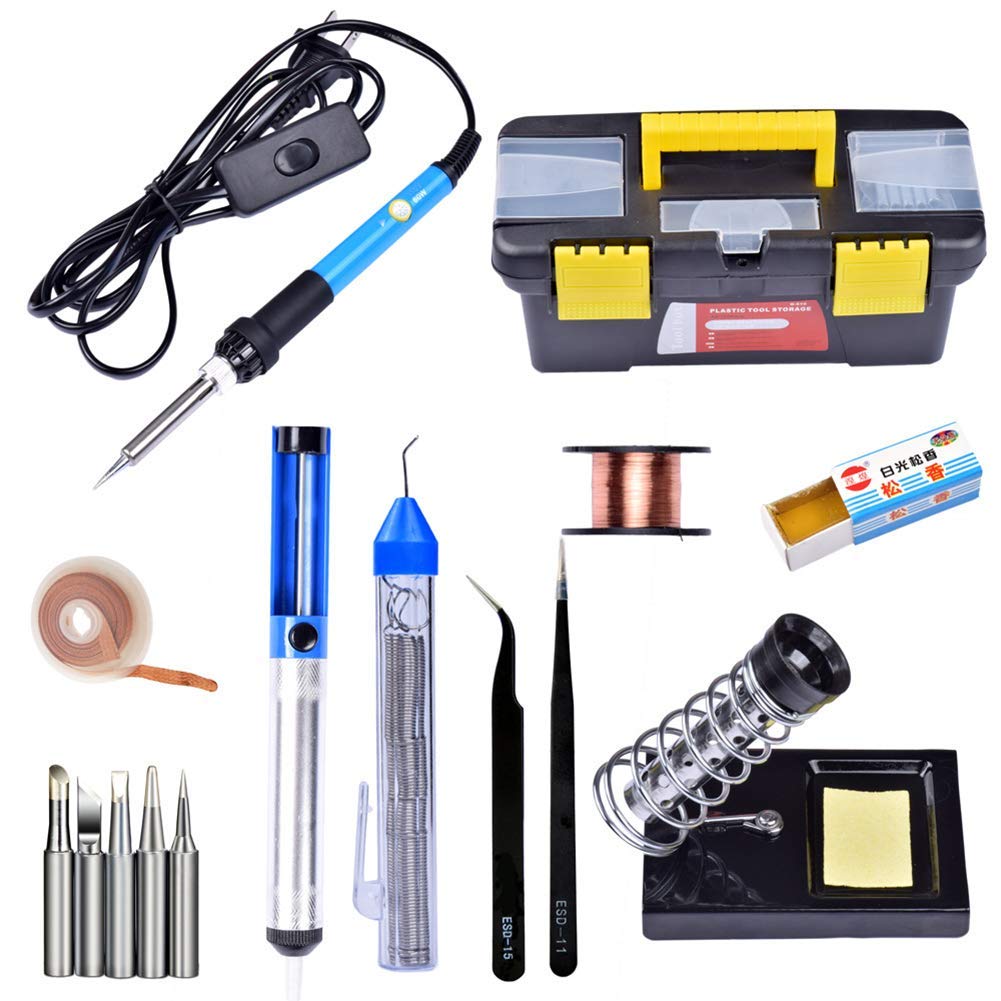 WYNHARD 3D Cloud 15 in 1 Soldering Iron Kit Box Type 60w Adjustable Temperature with 5 Bits Solder Wire Desolder Sucker Rosin Solder Wick Stand and Other Tools in Portable Plastic Toolbox