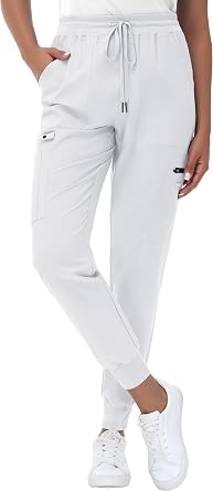 MIVEI High Waisted Jogger Style Scrub Pants Petite White