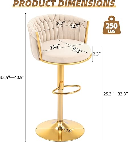 Miniatura 3 de Gold - Juego de 2 taburetes de bar ajustables, sillas de bar giratorias de terciopelo con respaldo tejido, reposapiés y base de metal, taburetes