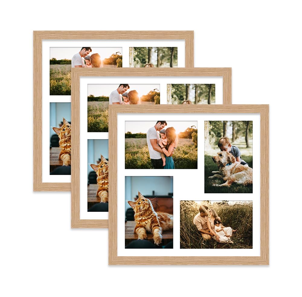 Oak Multi Photo Frame - Holds 4 x 6x4 Pictures, Family Collage Picture Frame for Wall Display, 12x12 Frame size, Set of 3