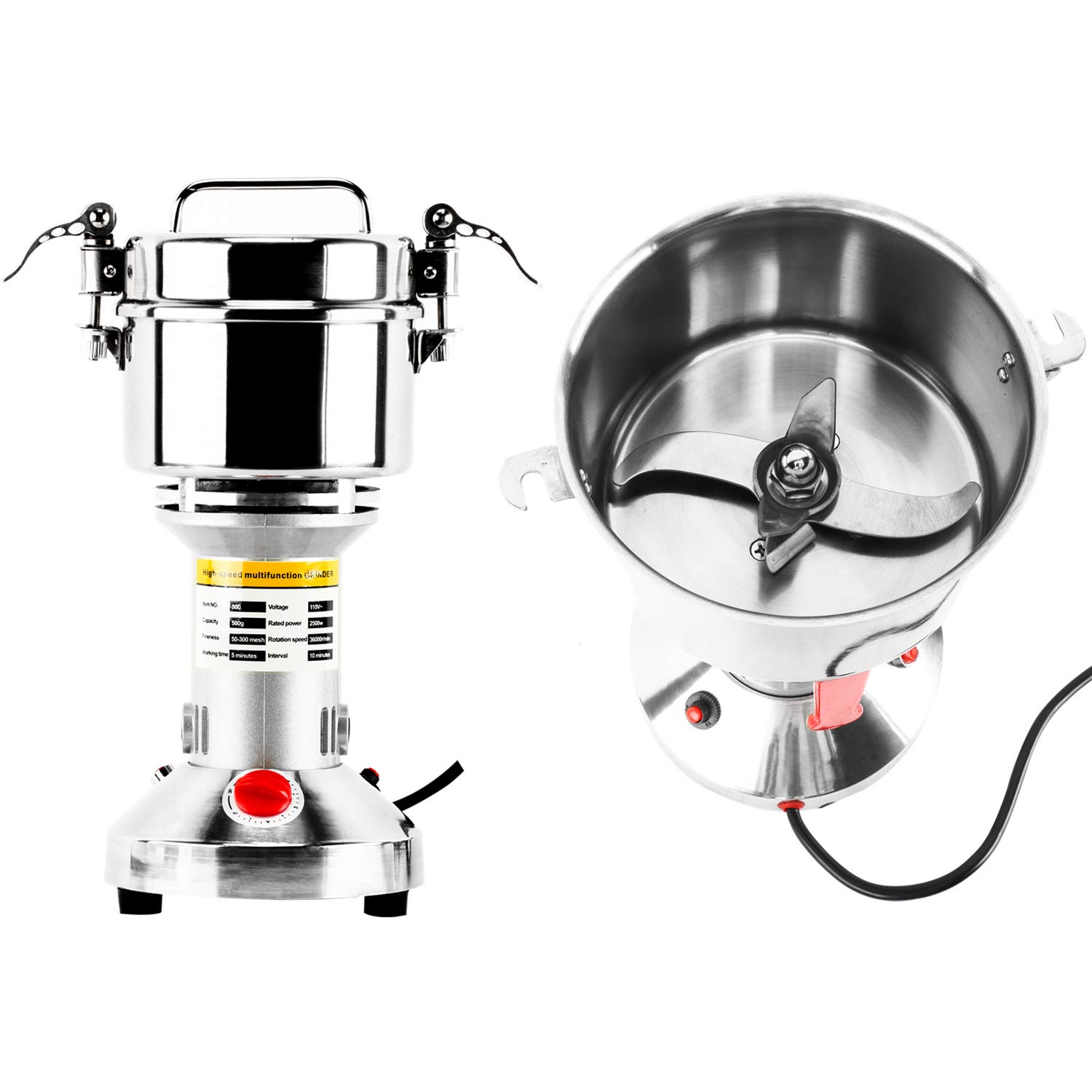Molinillo eléctrico de grano de alta velocidad de 17.64 oz, molinillo de polvo, molinillo de hierbas de especias, 2500 W, 70-300 malla, acero inoxidable de 36000 rpm, grado comercial para 6