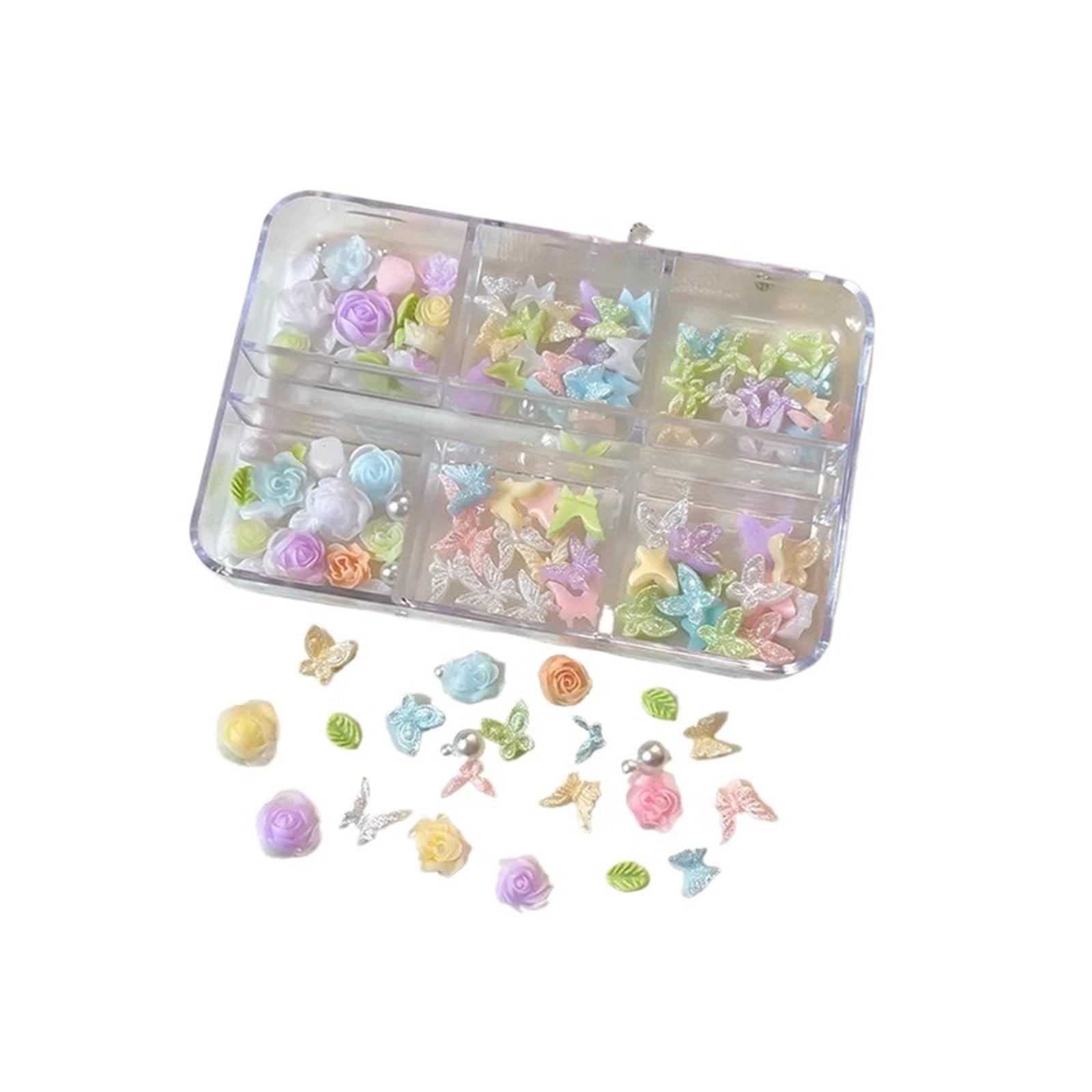 2 Boxes Nail Charms Resin Rose Butterfly Mixed Camellia Pearl Dopamine Spring Summer Art Decorations(YH338-81)