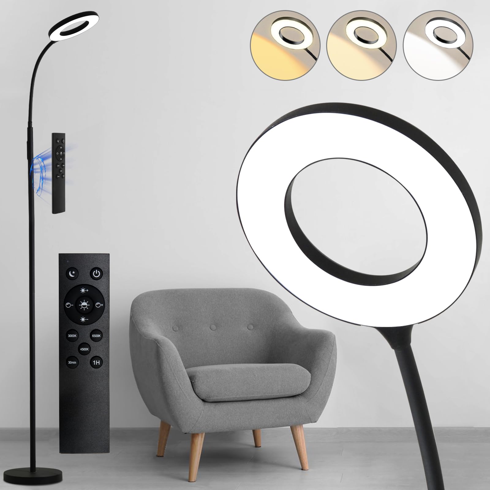 Floor Lamp, LED Reading Light, Bright Modern Tall Lamps, 3 Color Temperatures & Adjustable Brightness Gooseneck Standing Lamp with Remote & Touch Control for Living Room, Bedroom, Office