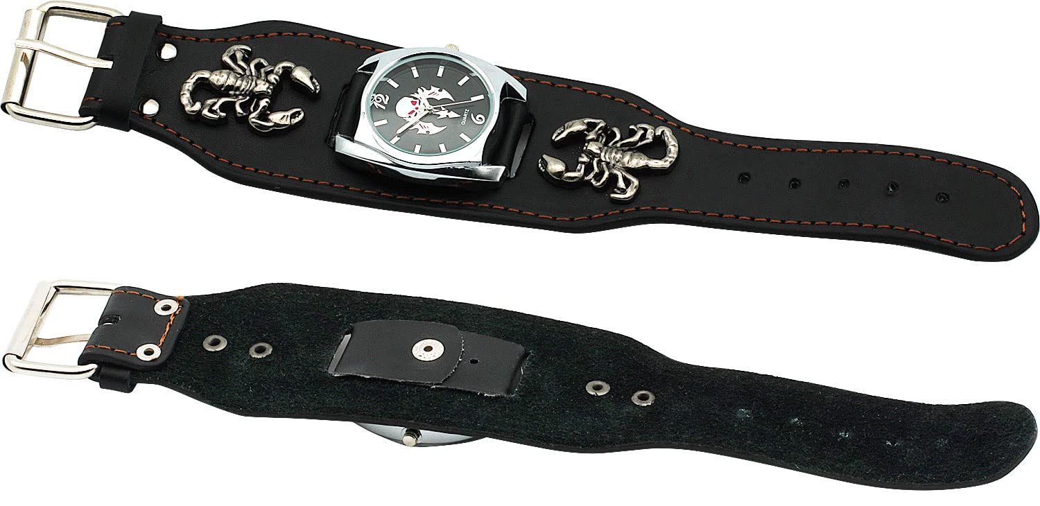 Reloj punk Scorpion Skull para hombres y mujeres, reloj de pulsera de cuero ancho negro, estilo fresco, reloj de locomotora de roca, Punk 2
