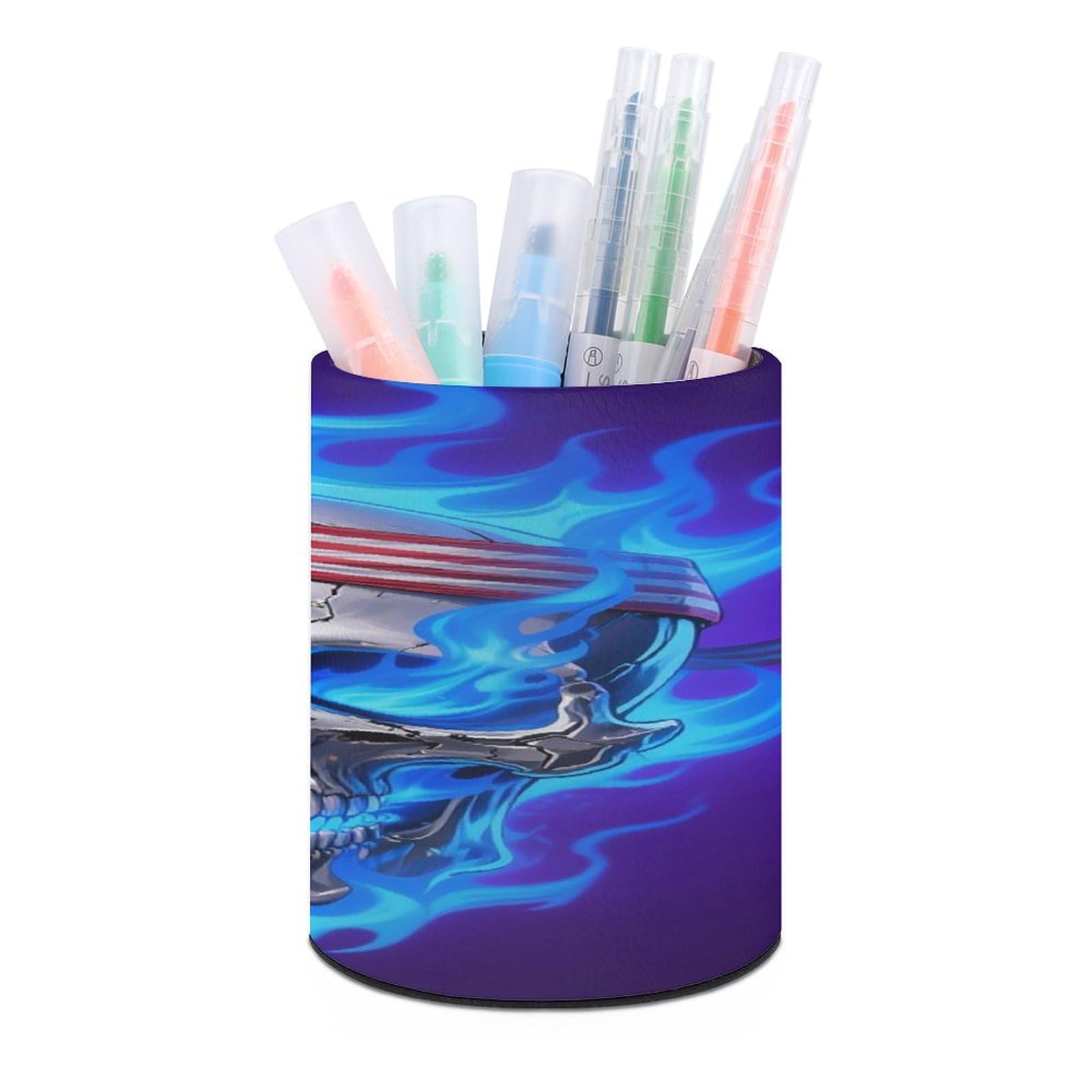 LDGSUPH Fire USA Flag Skull Round Pen Holder Leather Pen Cup Pencil Cup Pen Organizer Pencil Holder for Desk Organizer Pencil Organizers Makeup Brush Holders for Home Office Gift