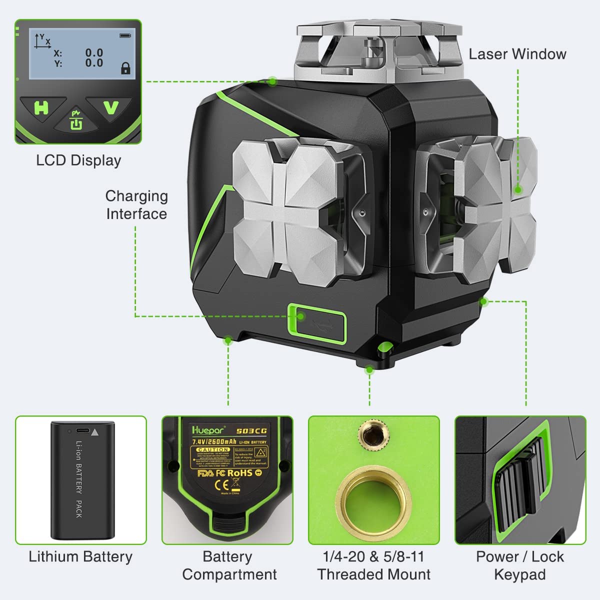 Huepar 12 linii Samopoziomujący poziom lasera 3D z ekranem LCD 3 x 360 ° Połączenie Bluetooth Laser krzyżowy z zieloną wiązką Narzędzie laserowe -360 ° Laser poziomy/pionowy S03CG-C