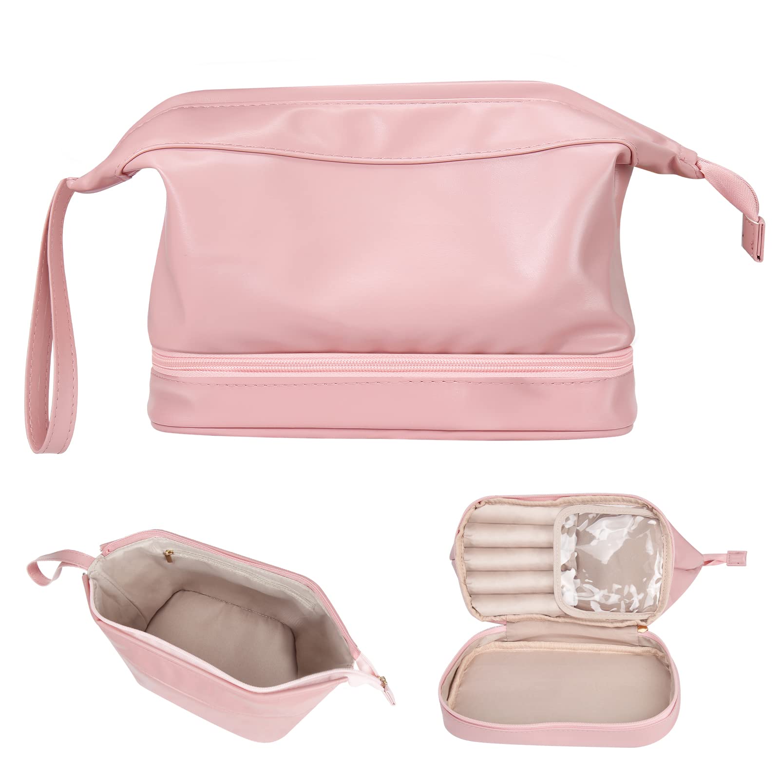 Portable Leather Travel Cosmetic Bag Double Layer Makeup Bag Large Capacity Portable Storage Bag Waterproof Makeup Cosmetic Bag taylor, Rose Powder, Simple