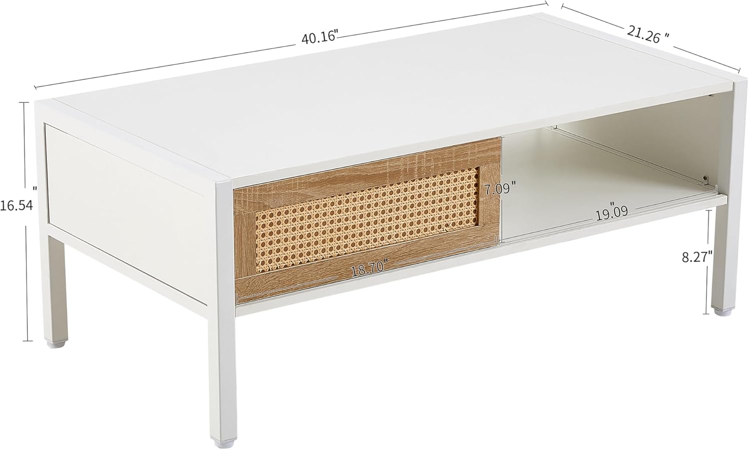 40" Small Rattan Coffee Table with Sliding Door Storage, Modern Living Room Table with Metal Legs, Woven Design for Apartment Small Spaces (White)