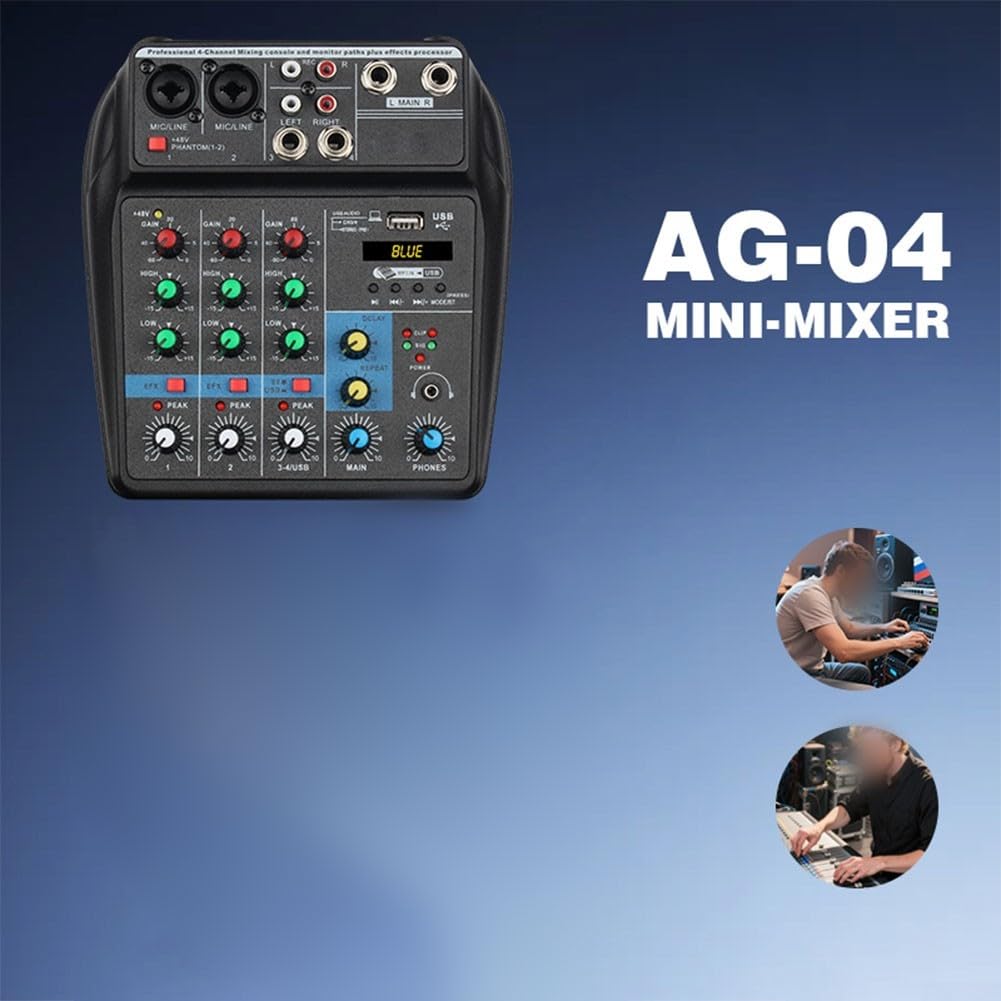 Mezclador de audio de 4 canales con BT USB 48 V Phantompower para Studio Live Streaming DJ, consola, Soundboard, compacta, azul
