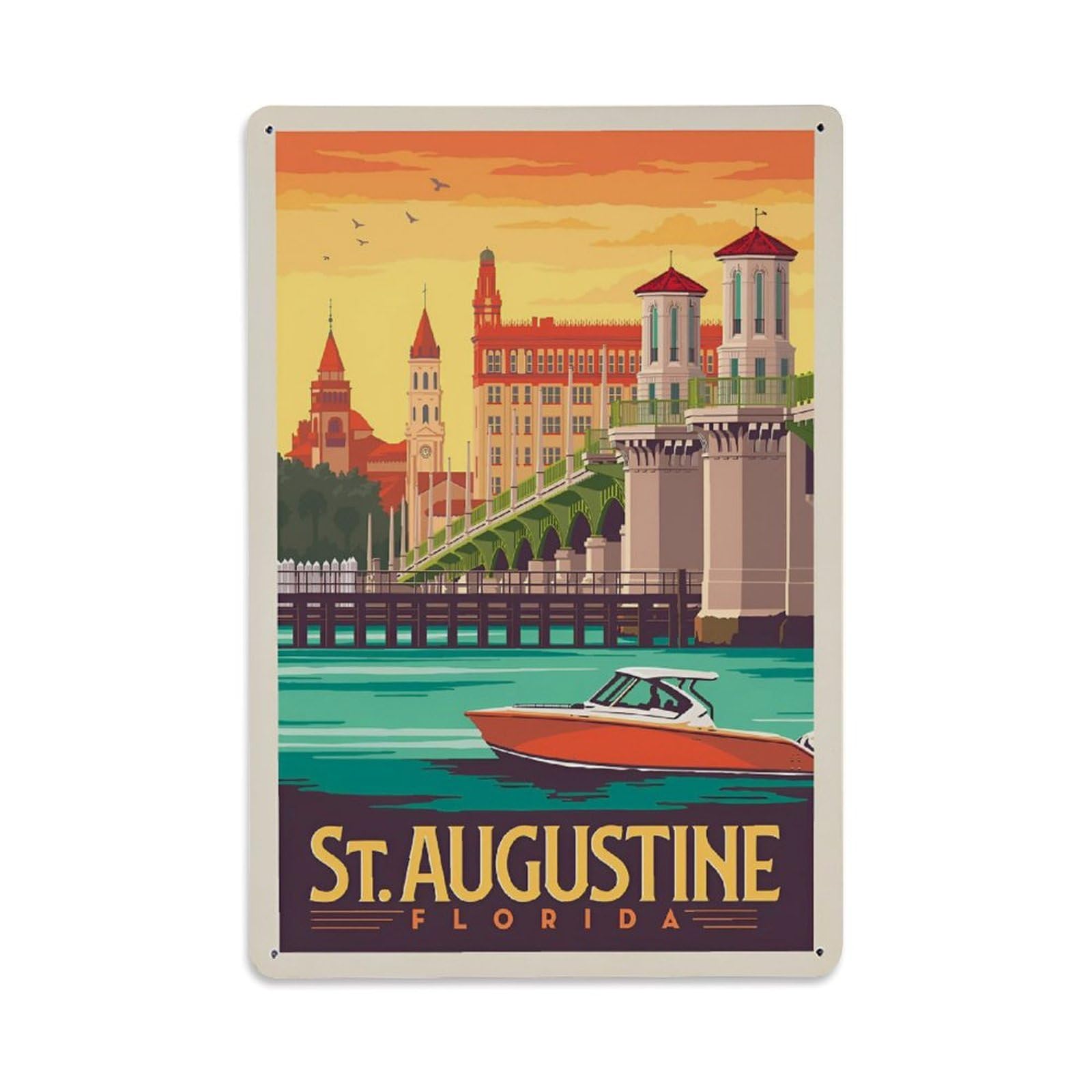 Vintage Travel Poster ST. AUGUSTINE Bridge of Lions Metal Tin Sign Wall Decor for Cafe, Club, Garden Metal Poster 8x12Inch