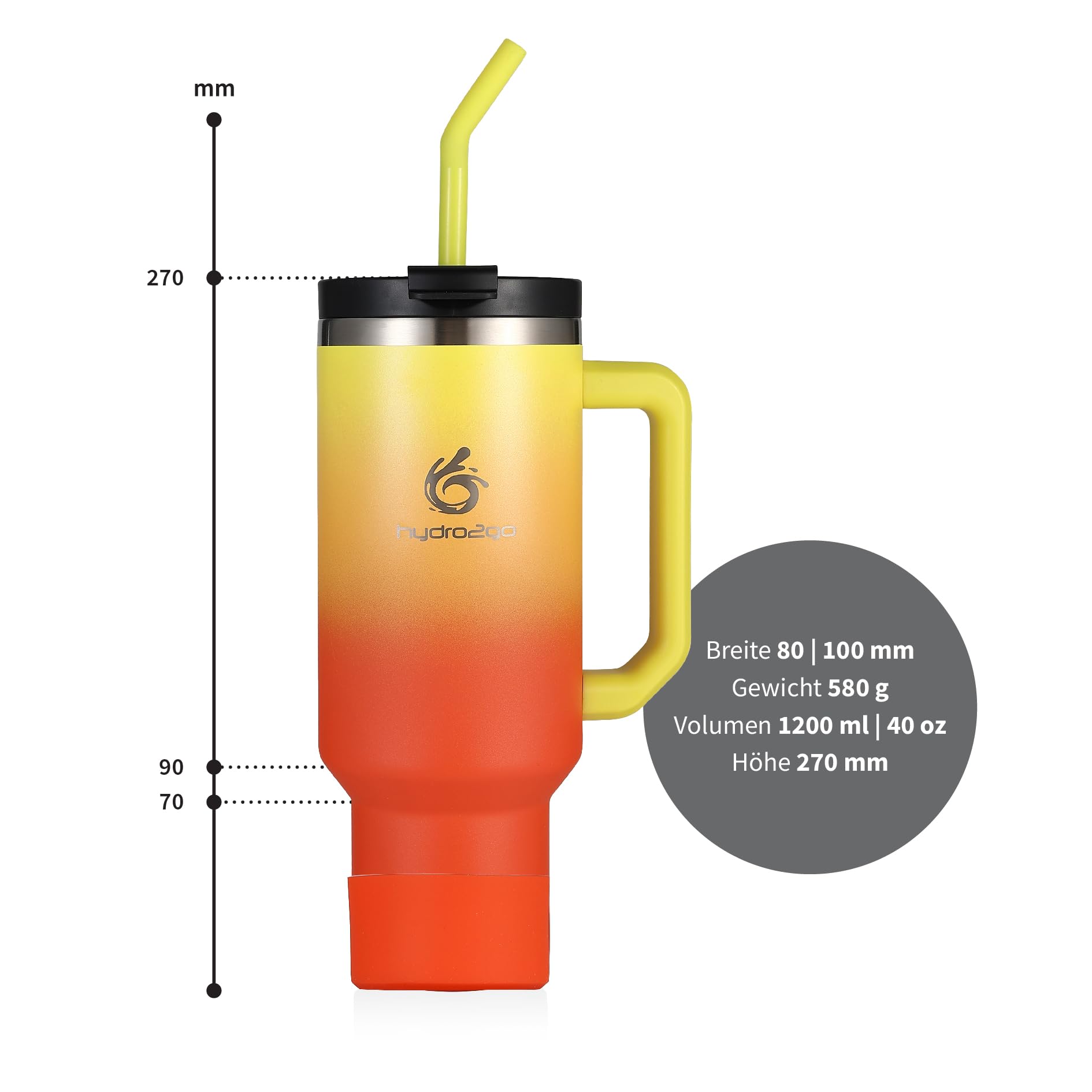 hydro2go® 1200ml/40oz Thermobecher, Kaffeebecher to Go, Isolierbecher mit Griff & Strohhalm, Reise- & Autobecher, Tumbler für Heiß- & Kaltgetränke (Sunset, 1200 ml) | thermobecher, kaffeebecher to go, isolierbecher mit griff und strohhalm, reisebecher, au