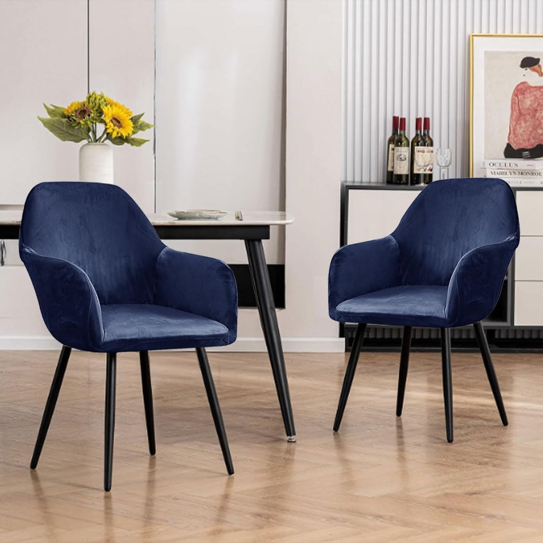 Velvet Dining Chair Slipcovers Stretch Soft Curved Back Chair Cover Non Slip Dining Room Chair Covers Arm Chair Protector with Arms for Living Room 4Pcs Navy Blue