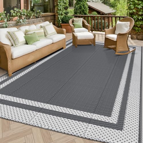 HappyTrends Outdoor Rug Reversible Portable Plastic Straw Camping Rugs for Outside RV,Large Waterproof Outdoor Area Rugs for Patio,Deck,Porch,Balcony(5'x 8',White&Gray)