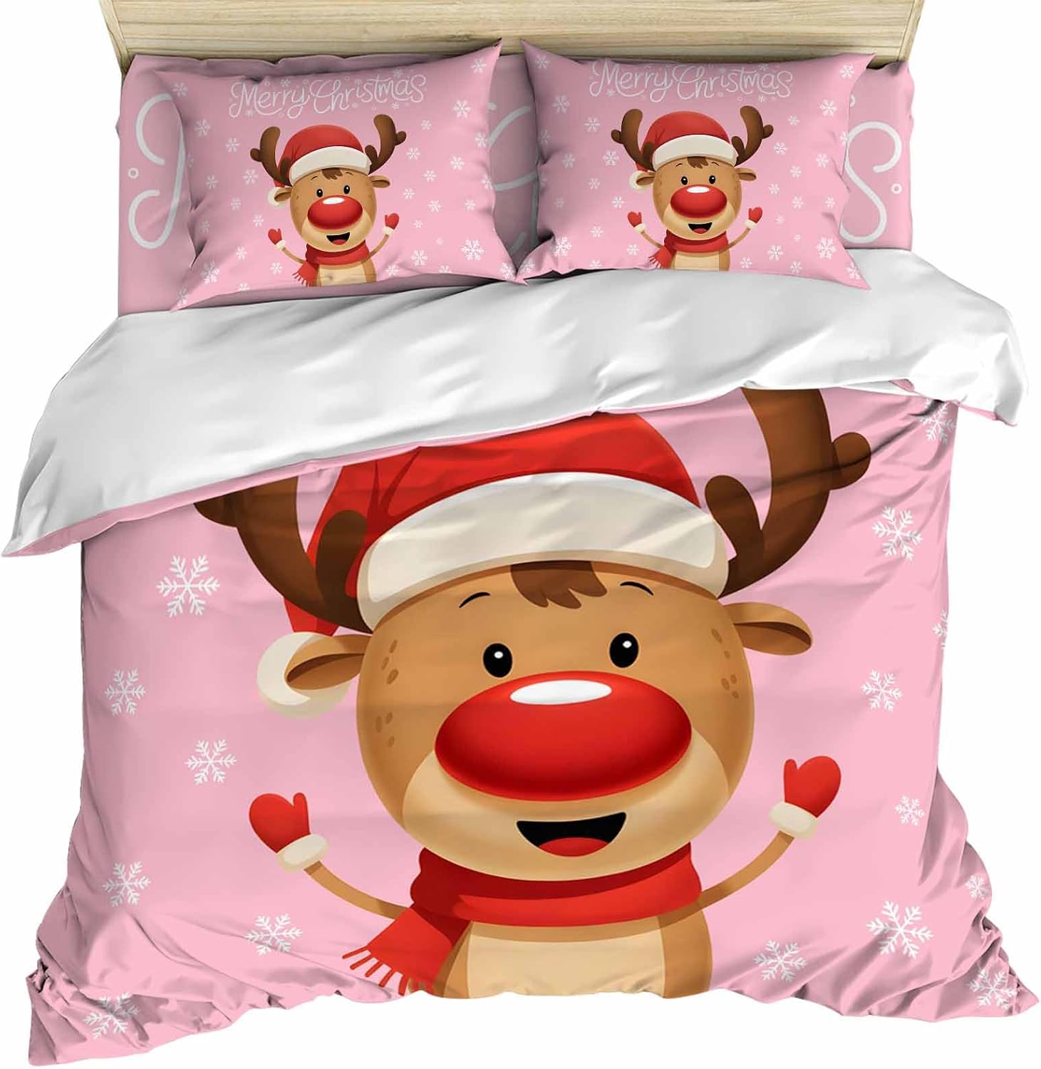 Merry Christmas Duvet Cover Cal. King Size - 4 Pieces Bedding Set, Pink Winter Xmas Hat Deer Snowflake Bedding Comforter Covers Zipper Closure, 1 Duvet Covers 1 Fitted Sheet 2 Pillow Shams