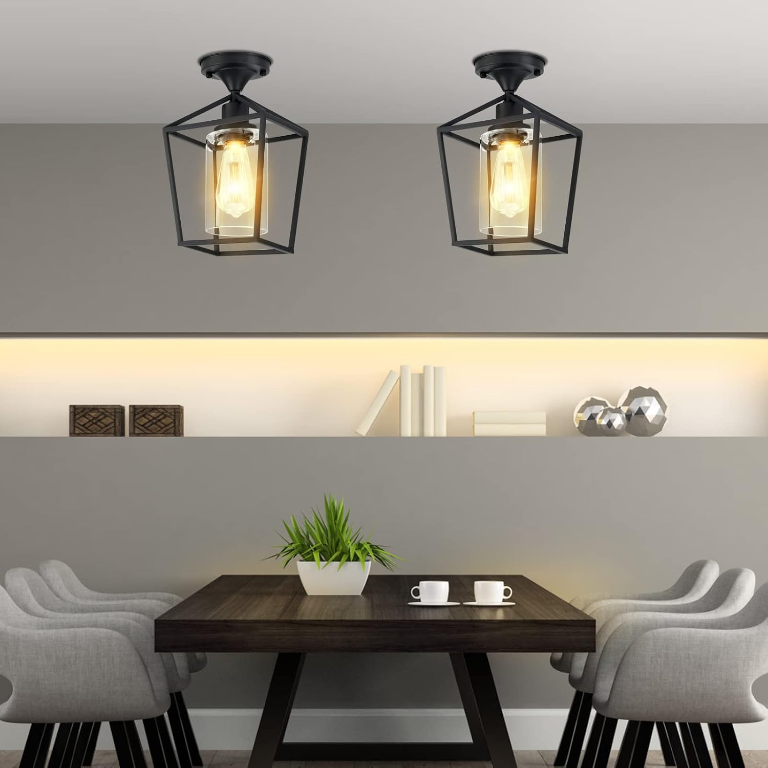 Melovom Clear Glass Semi Flush Mount Industrial Vintage Ceiling Light Fixtures, Black for Hallway, Porch, Dining Room, Kitchen