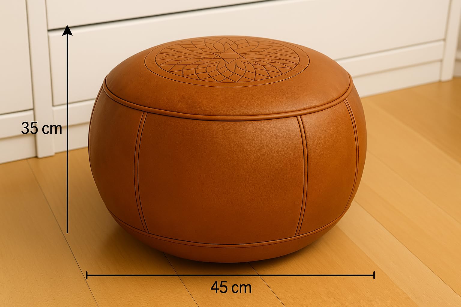 Pouf Realizzato a Mano in Vera Pelle Marocchina - Comodo per Adulti e Bambini, Rotondo, Poggiapiedi 45 x 35 cm (Vuoto)