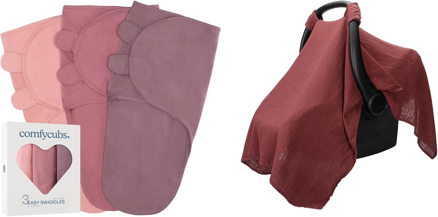 Comfy Cubs Swaddle Blanket Baby Girl Boy Easy Adjustable 3 Pack and Muslin Cotton Baby Car Seat Cover Bundled