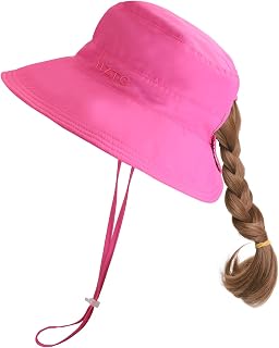 Kid's Girl's Wide Brim Bucket Sun Hat Packable Beach Play Hat with Ponytail Hole