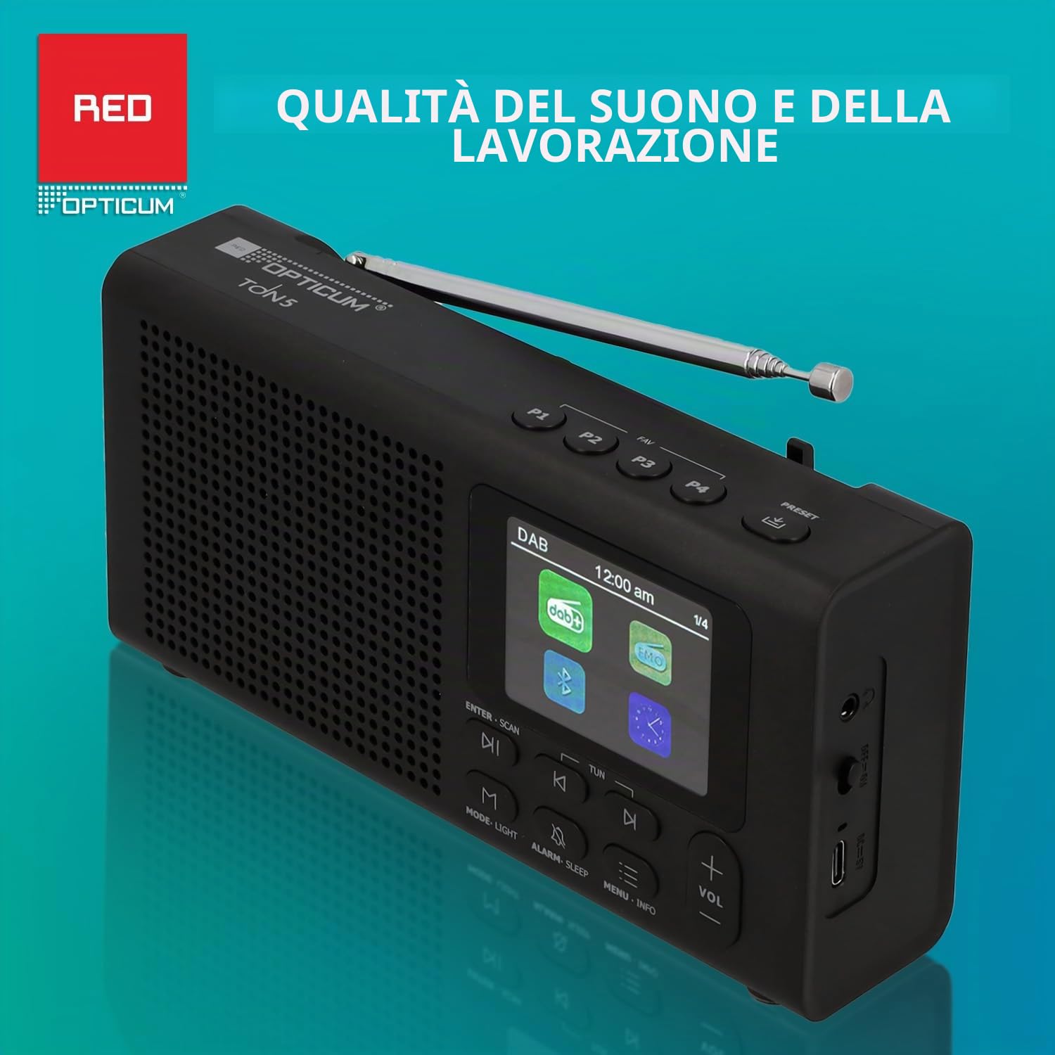 RED OPTICUM Radio con Bluetooth 5.3, DAB Plus Radio con 40 canali DAB+/FM preimpostati, display LCD a colori, 9 menu vocali, jack per cuffie da 3,5 mm, cavo di ricarica USB incluso (nero)