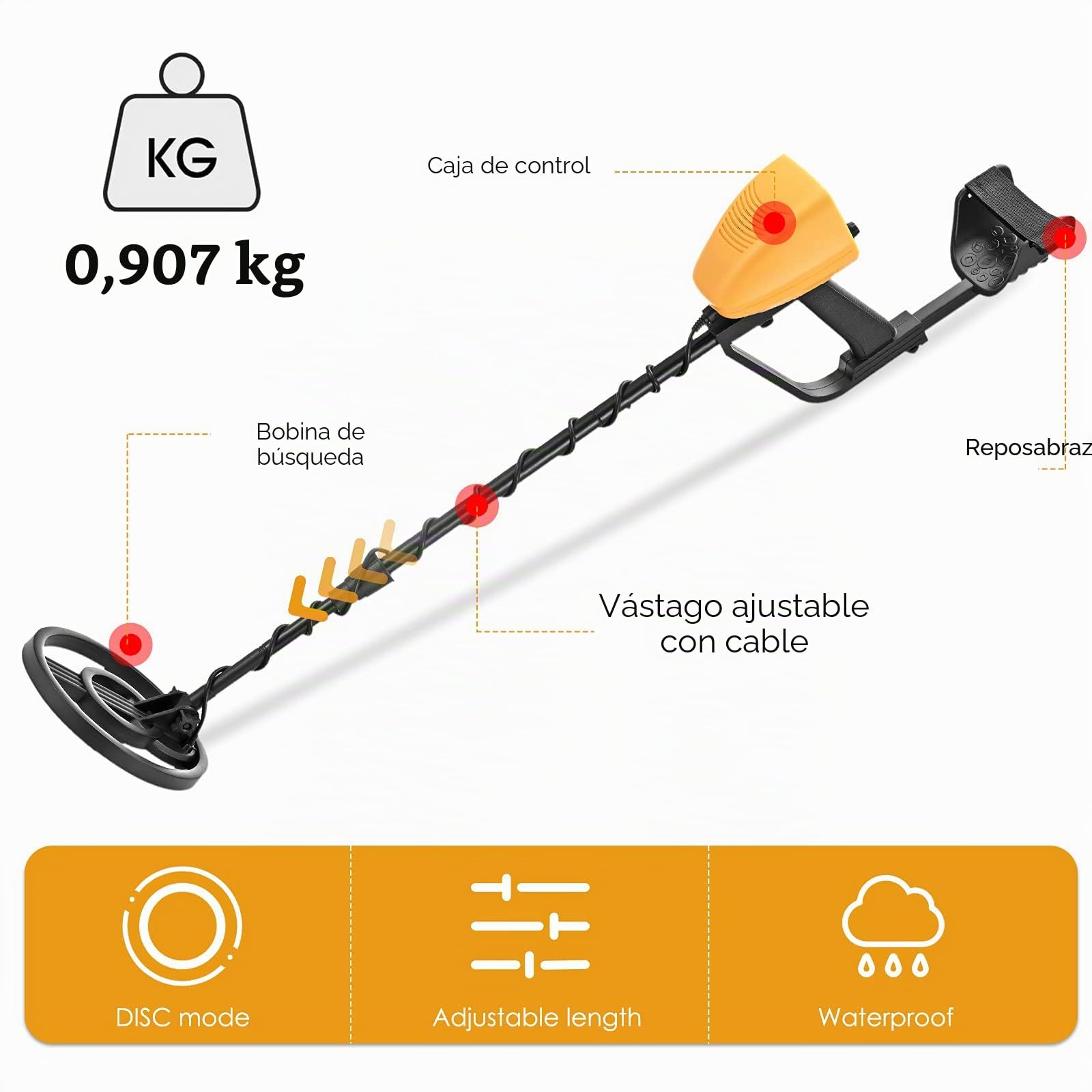 Detectores de Metales Alta Precisión Altura Ajustable de 78-108 cm, Detectores de Metales Profesionales a Prueba de Agua de 25 cm con Niños y Adultos