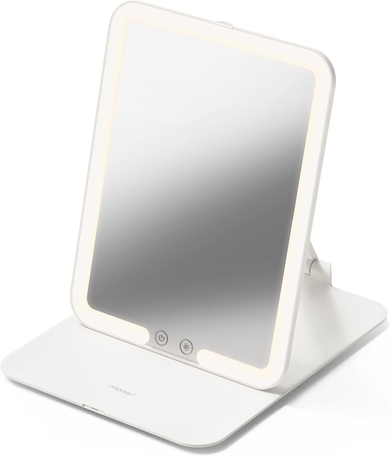 mooas Travel Makeup Mirror, Portable LED Lighted Vanity Mirror, 6.1×7.83 in Slim Foldable Mirror with Touch Control, 3-Color Dimmable Lighting, Rechargeable USB-C, Pouch Included, White (Square)