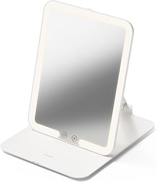 mooas Travel Makeup Mirror, Portable LED Lighted Vanity Mirror, 6.17.83 in Slim Foldable Mirror with Touch Control, 3-Color Dimmable Lighting, Rechargeable USB-C, Pouch Included, White Square