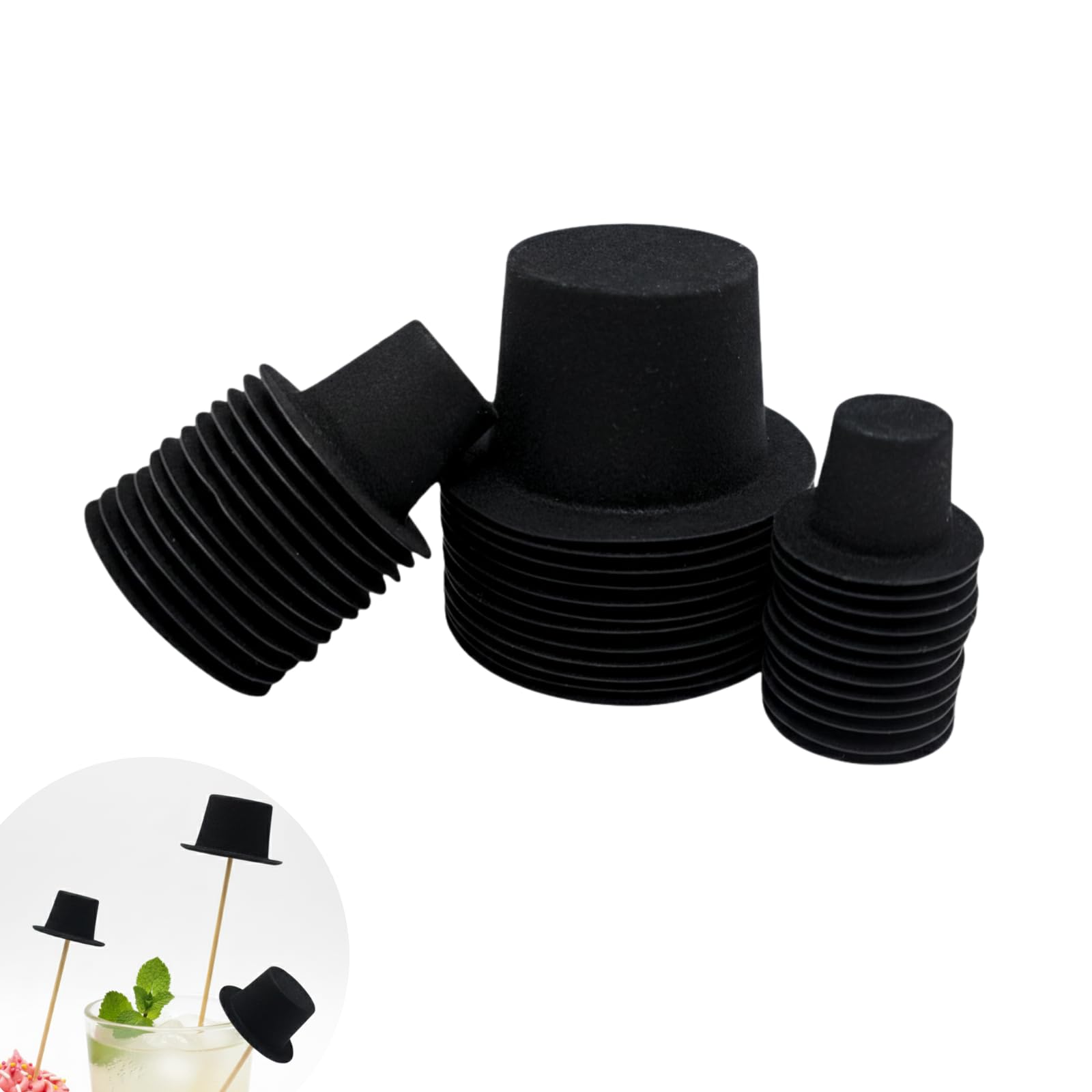 Runiash 36pcs Mini Black Top Hat, Plastic 3 Size Miniature Top Hats for Art Crafts DIY Decoration Supplies