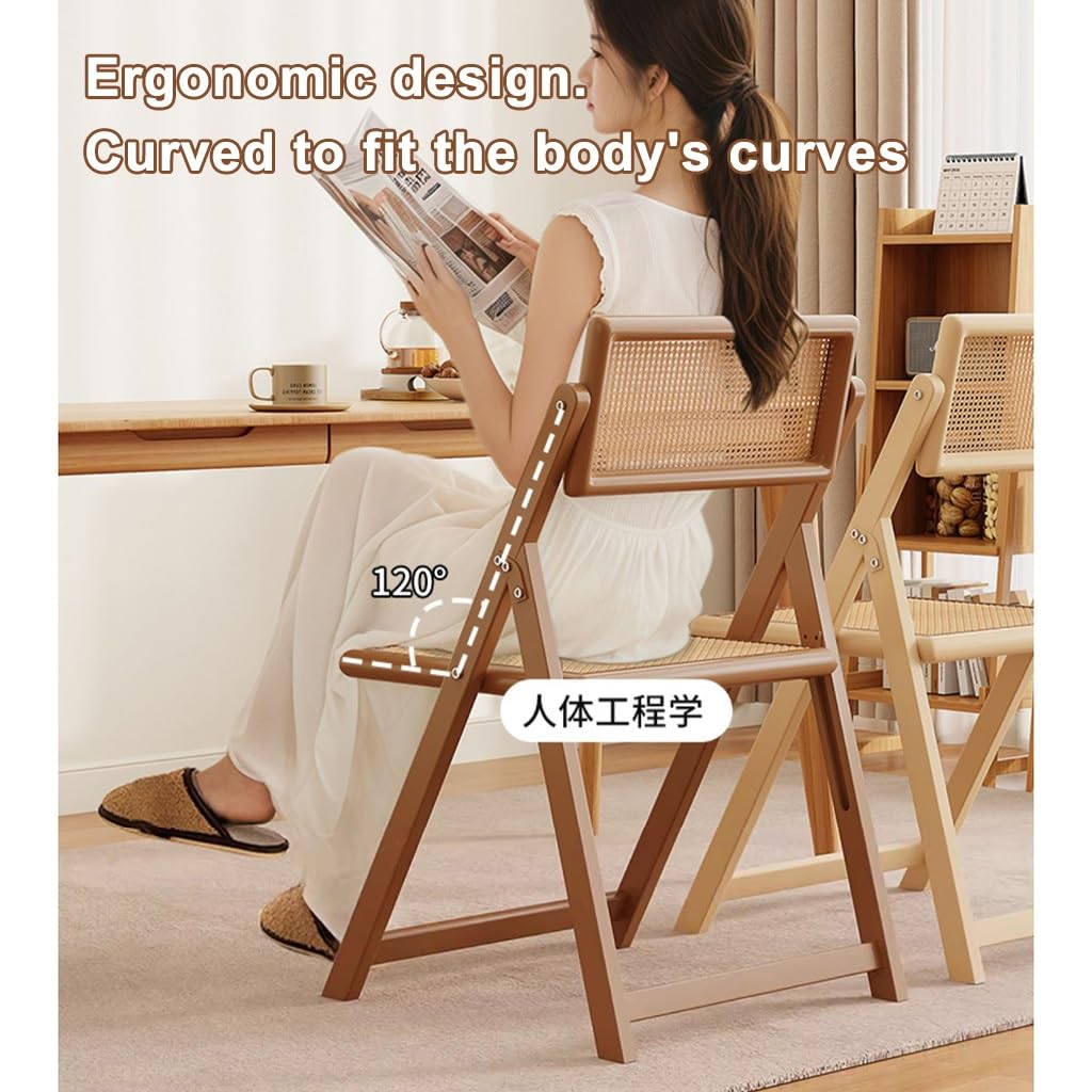LEIYTFE Rattanstuhl Aus Holz Klappbarer Esszimmerstuhl Mit Rückenlehne Umkehrbar Tragbarer Schreibtischstuhl Eisengestell,Indoor Otdoor Event Stuhl Warteraum Stuhl(Original Wood)