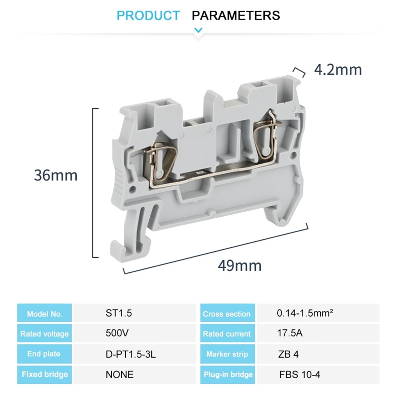 10 pezzi ST1,5 connettore a gabbia a molla 1,0 mm² 16 AWG, collegamento elettrico su guida DIN, morsettiera