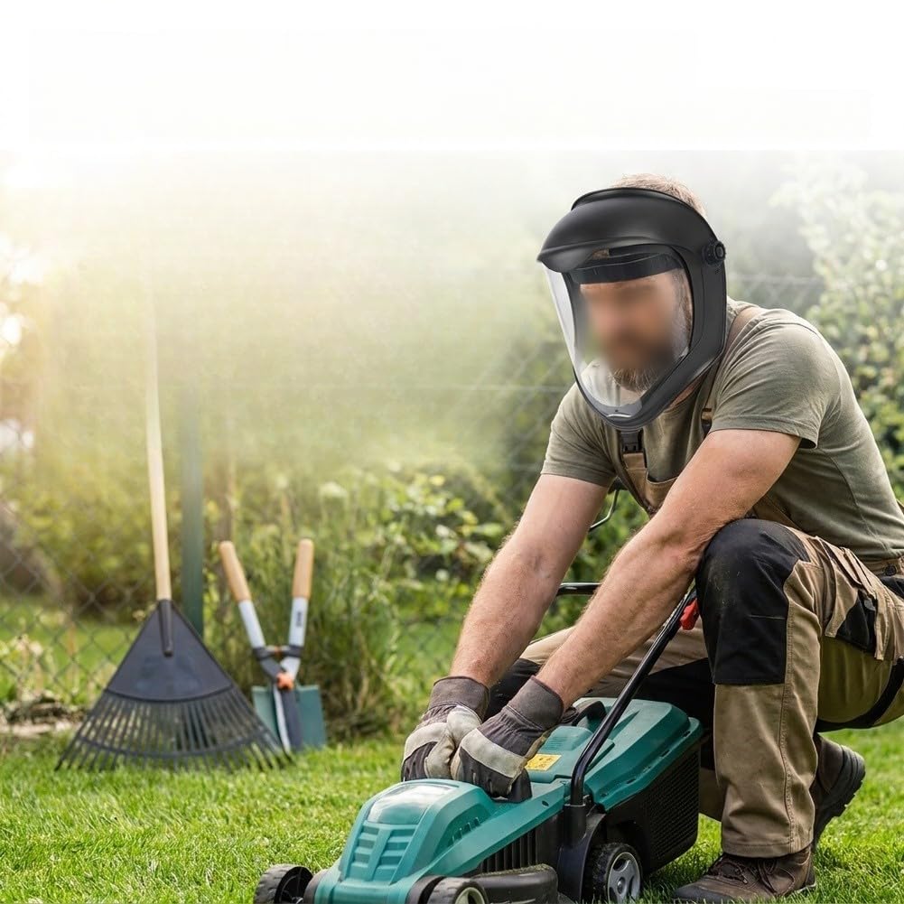 Visiera trasparente per la sicurezza, scudo ispessito resistente agli urti per falciatura del prato, paesaggistica e detriti con copricapo regolabile