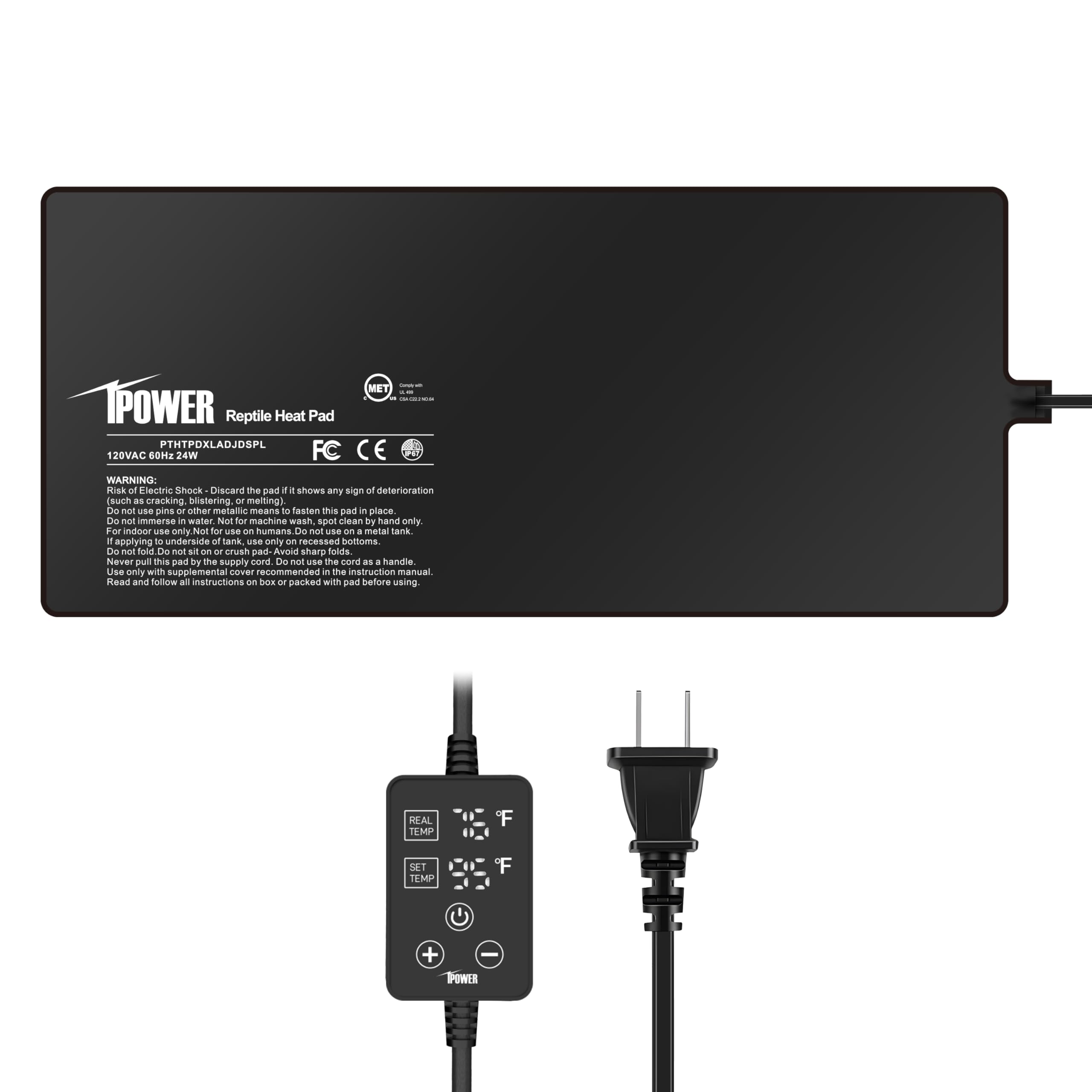iPower 8 by 18 Inch 24W Reptile Heating Pad with Adjustable Thermostat, Under Tank Warmer Terrarium Heat Mat for Turtles/Snakes/Lizards/Frogs, and Other Reptiles