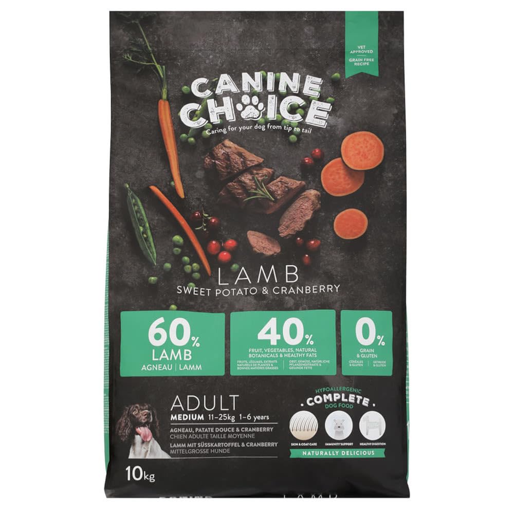 Canine Choice Super Premium Medium Breed Adult Dry Dog Food – Lamb 10kg | 60% Fresh Lamb, Grain-Free Hypoallergenic Kibble with Sweet Potato & Cranberry | High Protein for Sensitive Dogs (11-25kg)