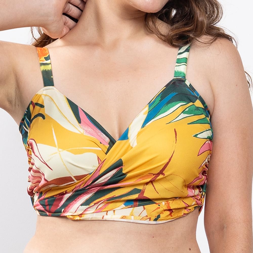 EROTISSCH Women's Yellow & Green Tropical Printed Beachwear Co-ord Set, Tie Knot Back Sleeveless Top & High-Waist Shorts, Lightweight Poly Crepe Resort Wear (Size L) 2