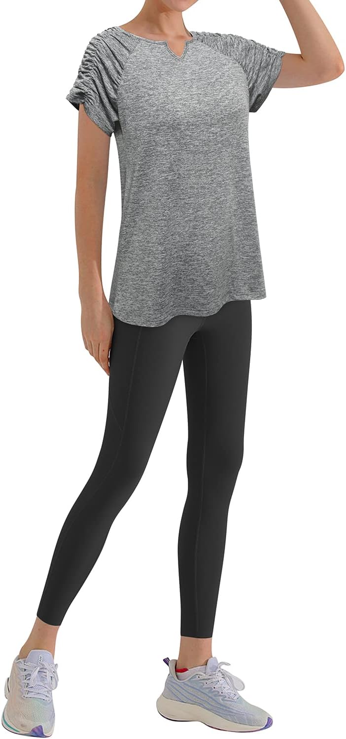 Vldnery Women's Plus Size Tops V-Neck Pleated T- Shirt Summer Casual Athletic Moisture Wicking Loose fit Shirt(2X) Light Gray - Image 5