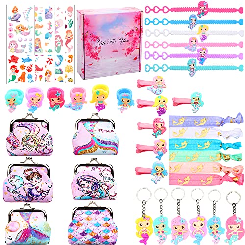 RHCPFOVR 40 Pack Anniversaire Sirène Cadeau, Fournitures de fête pour Un Anniversaire de Sirène Arc-en-Ciel,Bracelets, Porte-Monnaie, Porte-clés, bagues de Fantaisie Jouets