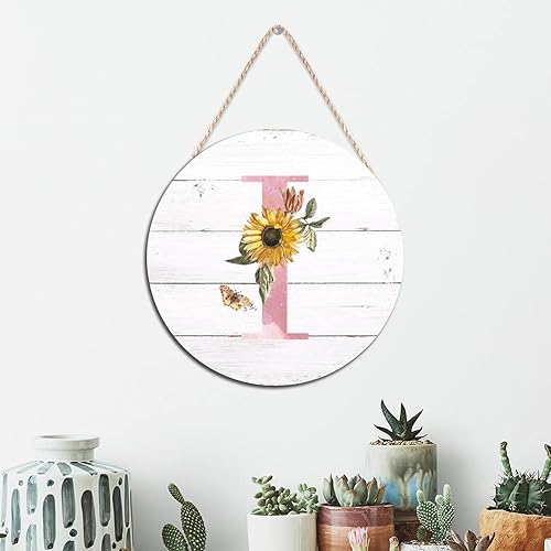 Miniatura 10 de BESTORLOVE Letrero de bienvenida para pared letra inicial E letreros redondos de madera rosa monograma girasol placa de madera floral flores campo