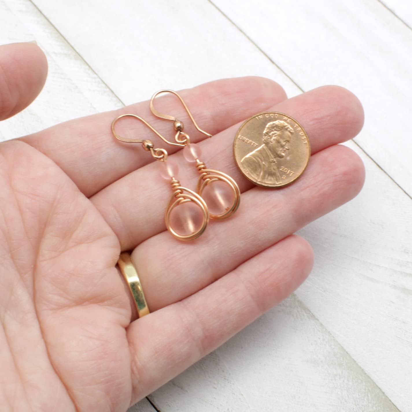 Pillar of Salt Studio Handcrafted Earrings Bright Copper and Sea Glass Wire Wrap Teardrop (Pale Pink, 1" drop)